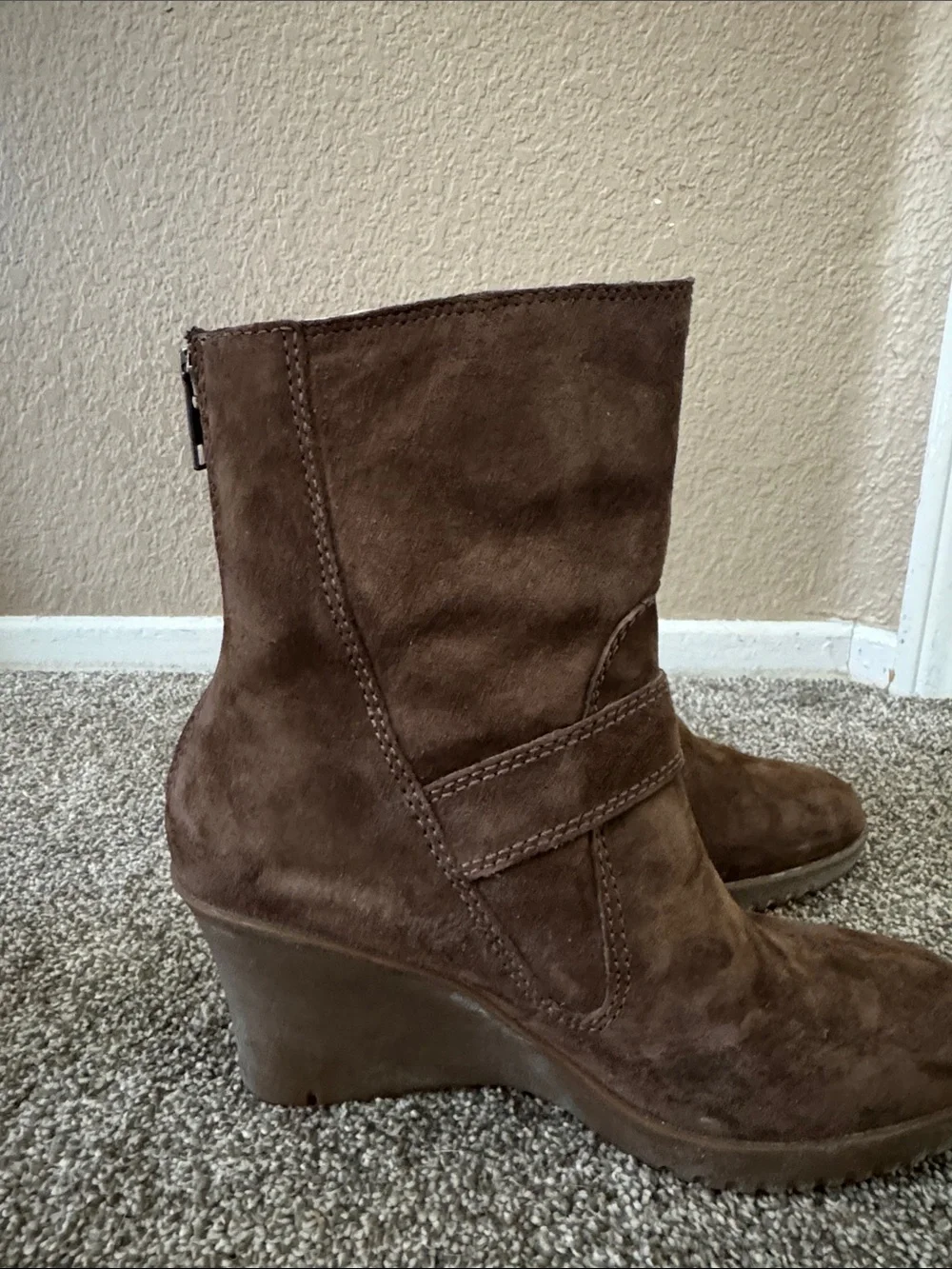UGG Chestnut Suede Wedge Bootie with Buckle Detail Size 8